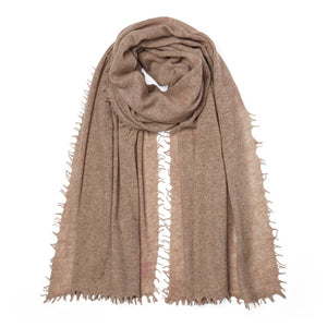 Pale Camel Knitted Cashmere Scarf with fringe edge