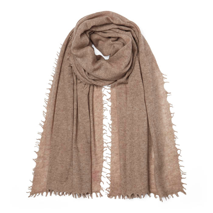 Pale Camel Knitted Cashmere Scarf with fringe edge