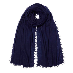 Navy Fine Knitted Cashmere Scarf with fringe edge