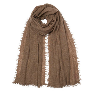 Natural Brown Fine Knitted Cashmere Scarf with fringe edge
