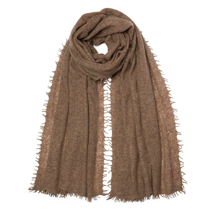Natural Brown Fine Knitted Cashmere Scarf with fringe edge
