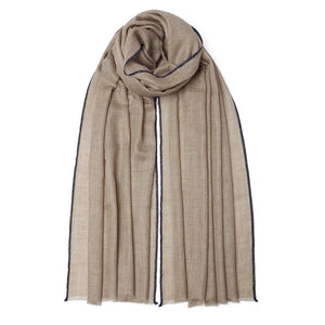 Natural brown hand woven pashmina with black selvedge edge