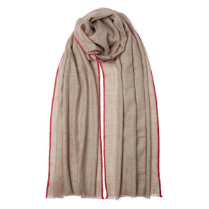 Natural brown hand woven pashmina with red selvedge edge