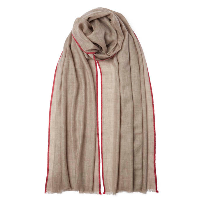 Natural brown hand woven pashmina with red selvedge edge