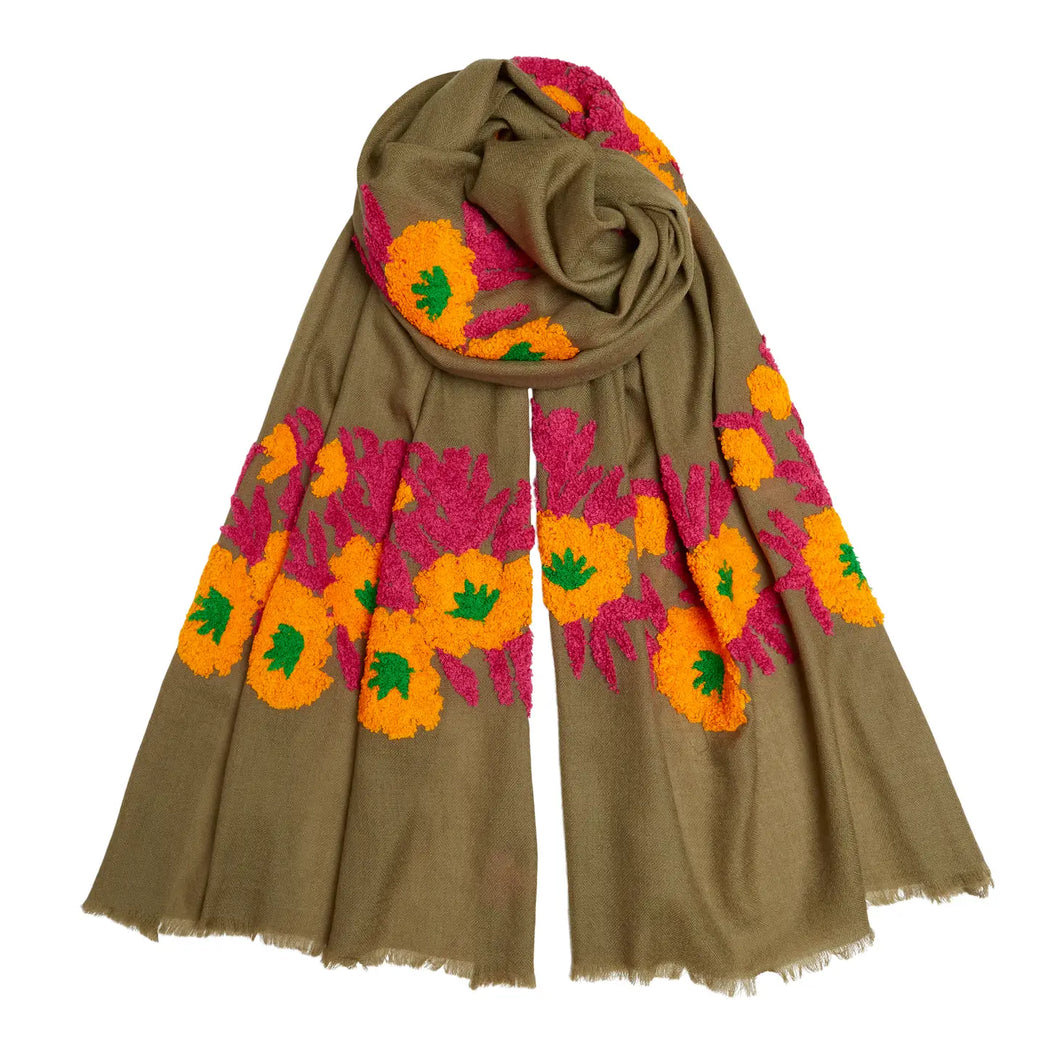 Mexican Flower Pashmina - Khaki/Pink/Orange