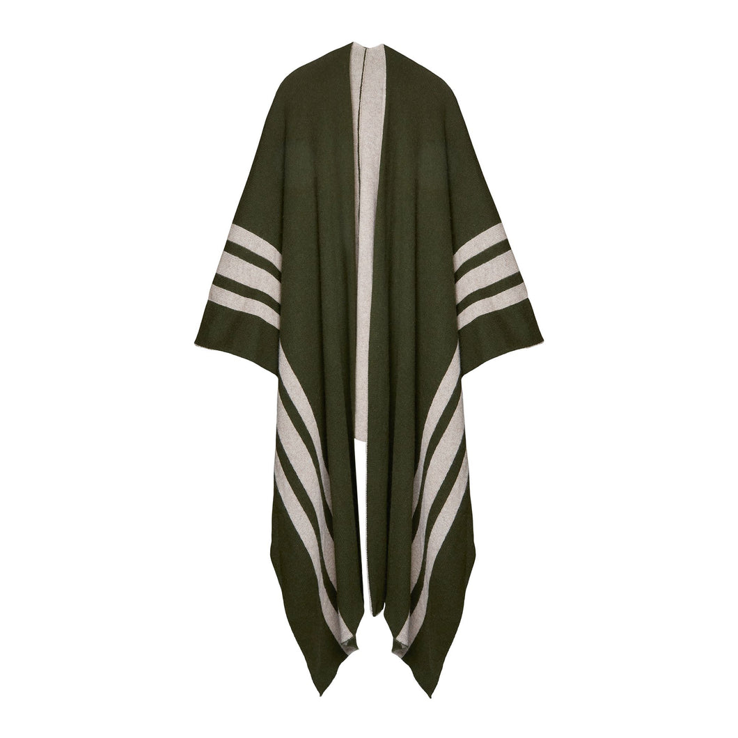 Knitted Stripe Long Cashmere Blanket Scarf - Khaki/Camel