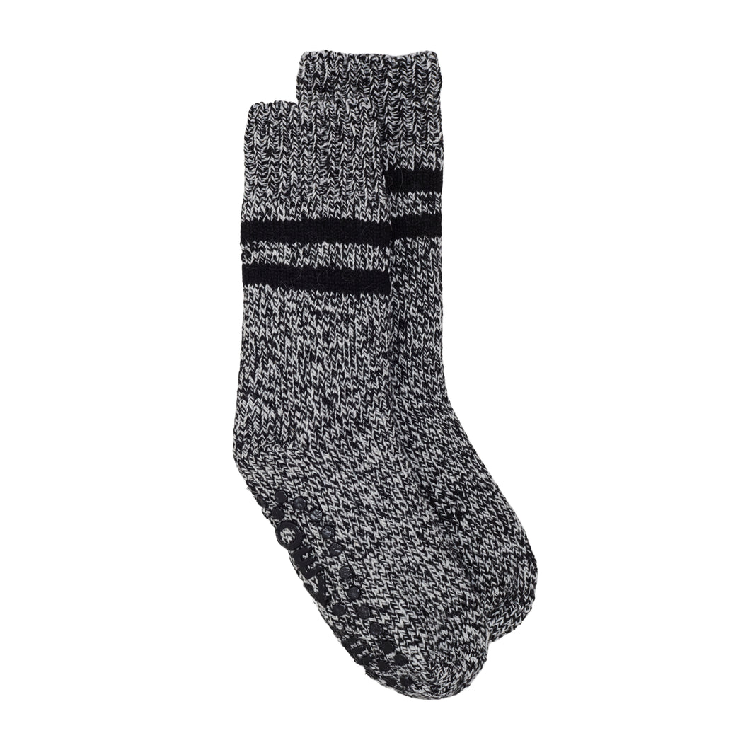 Kids Slipper Sock 2 Stripe Wool Mix  - Black/Cream