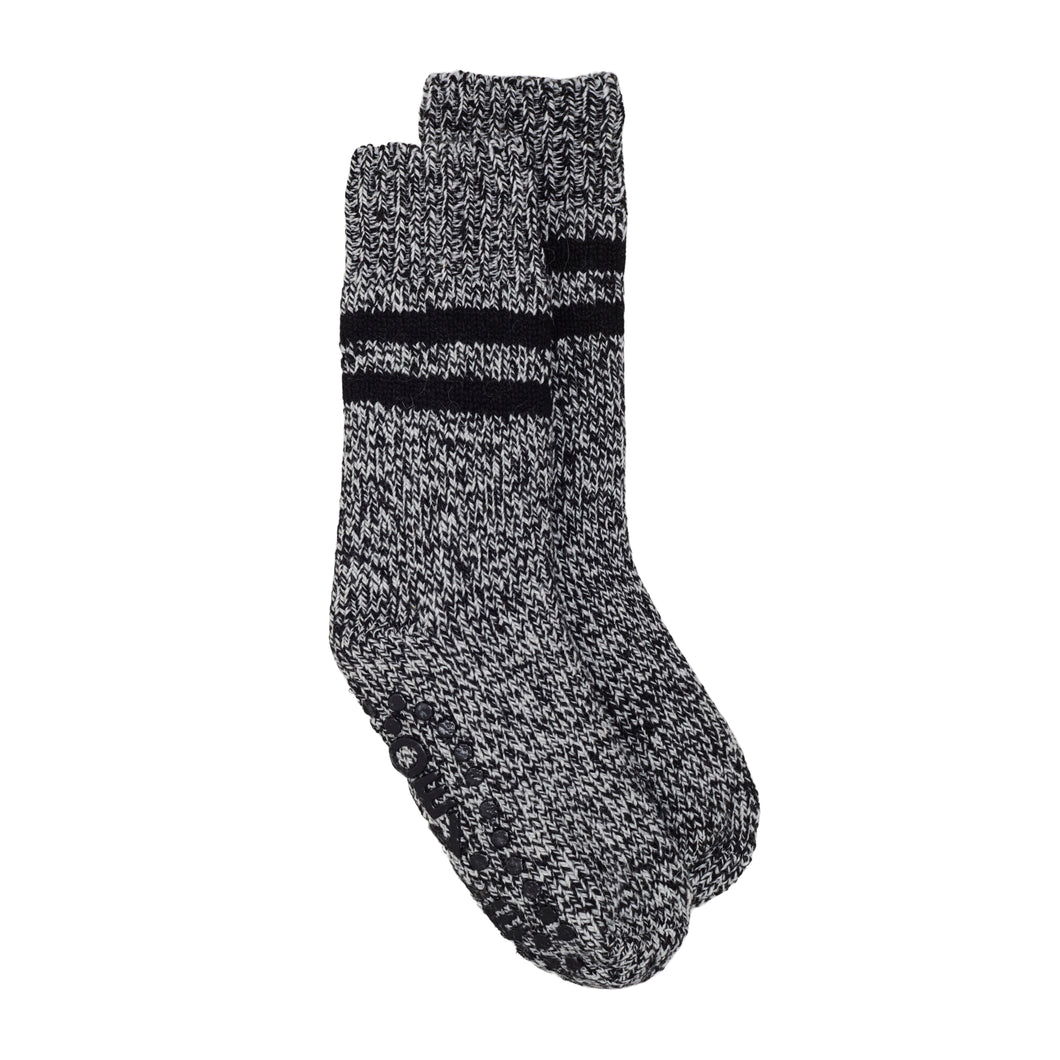 Mens Slipper Sock 2 Stripe Wool Mix  - Black/Cream
