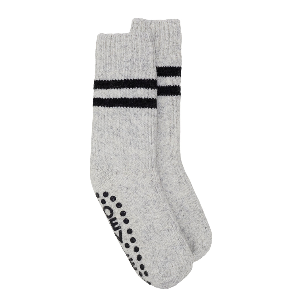 Mens Slipper Sock 2 Stripe Wool Mix  - Pale Grey