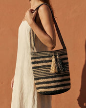 Load image into Gallery viewer, Raffia Stripe Cross Body Basket - Natural/Black Stripe

