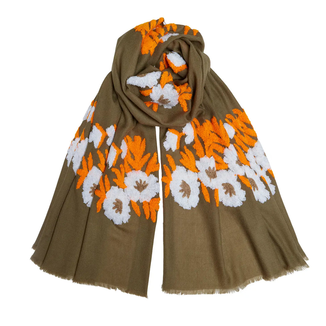 Mexican Flower Pashmina - Khaki/Orange/White