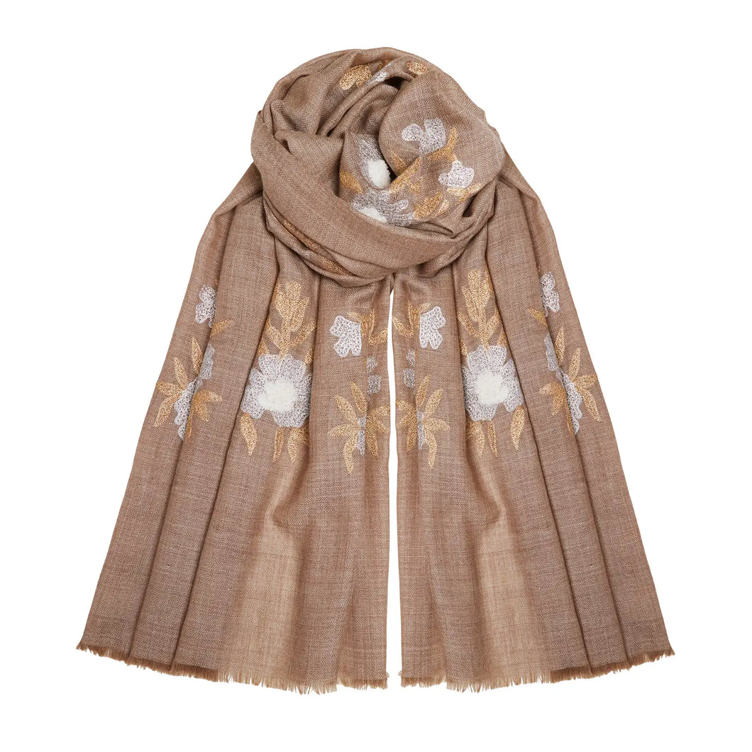 Mexican Flower Pashmina - Sand/Gold/Silver