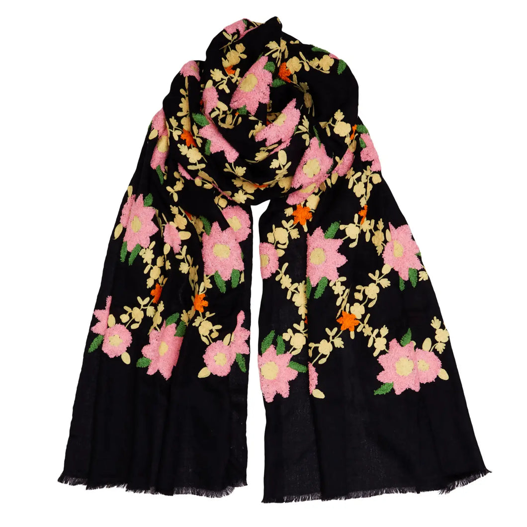 Mexican Small Flower Pashmina - Black/Pink/Yellow