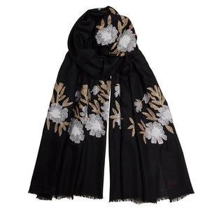 Mexican Flower Pashmina - Black/Gold/Silver