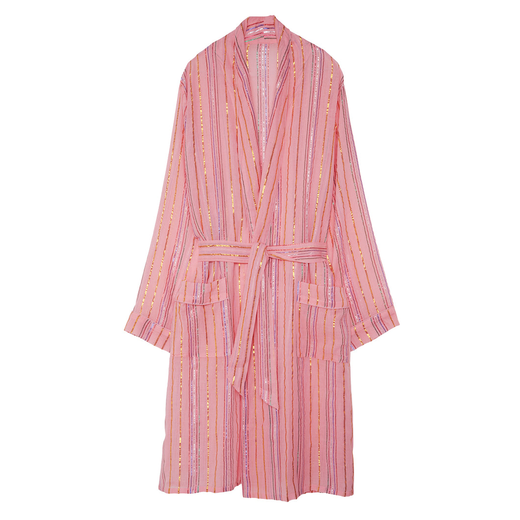 100% Cotton Lurex Stripe Robe - Pink