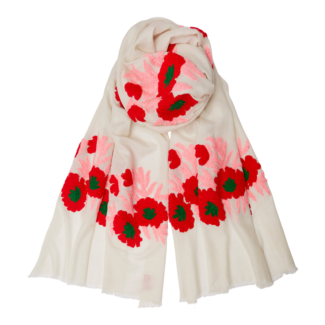 Mexican Flower Pashmina - Cashmere & Cotton - Pink/Red