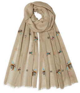 Embroidered Insect Pashmina - Sand
