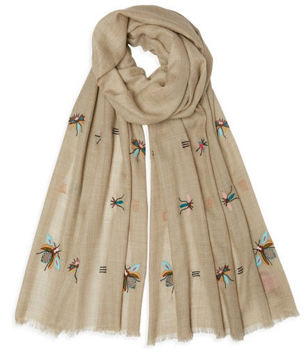 Embroidered Insect Pashmina - Sand
