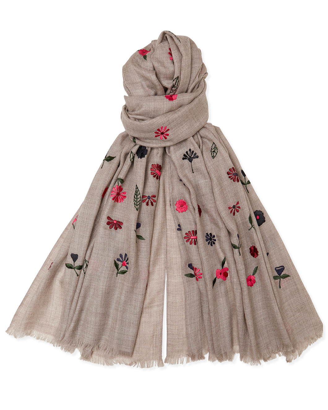 Embroidered Flower Pashmina - Natural/Pink/Black