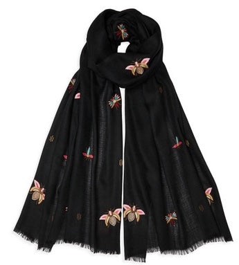 Embroidered Insect Pashmina - Black