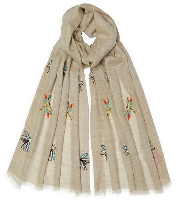Embroidered Beaded Insect Pashmina - Sand