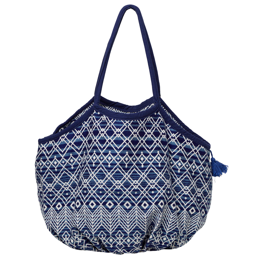 Large Woven Cotton Beach Bag with Tassel & Tie - Navy/Cream