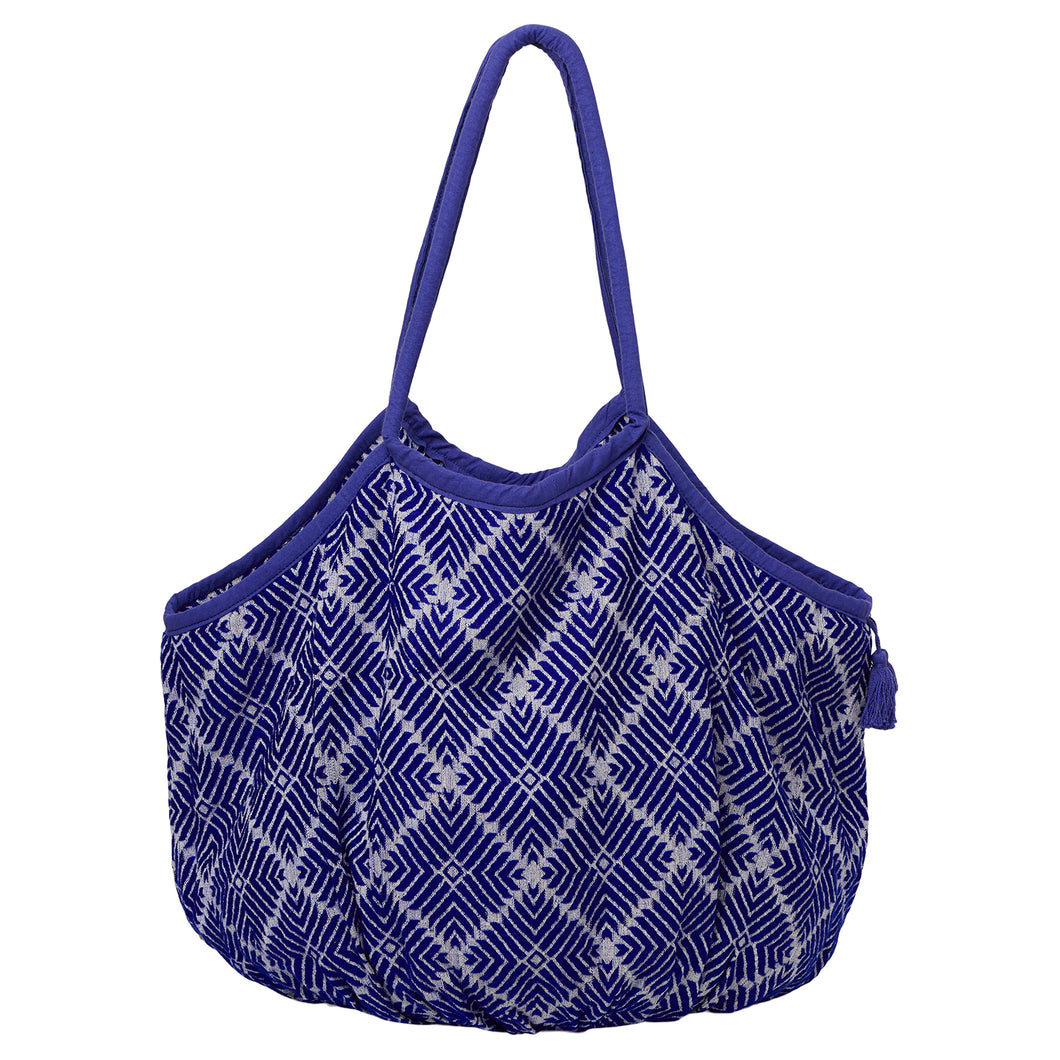 Large Woven Cotton Beach Bag with Tassel & Tie - Electric Blue/White