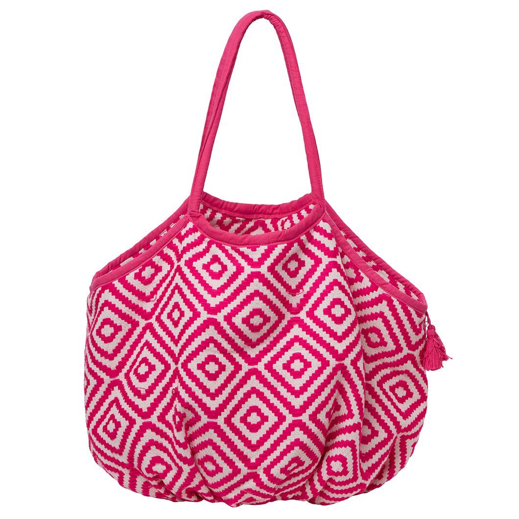 Large Woven Cotton Beach Bag with Tassel & Tie - Pink/White