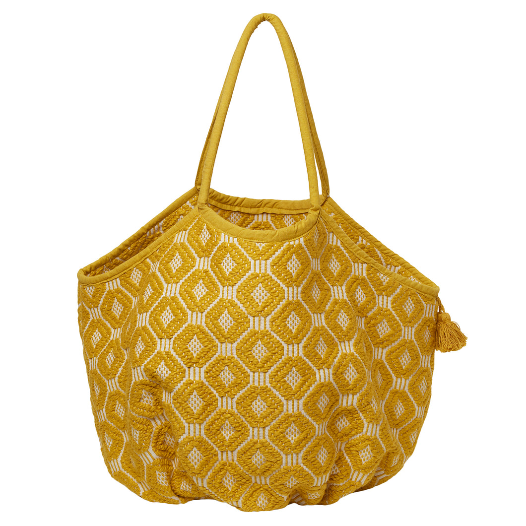 Large Woven Cotton Beach Bag with Tassel & Tie - Yellow