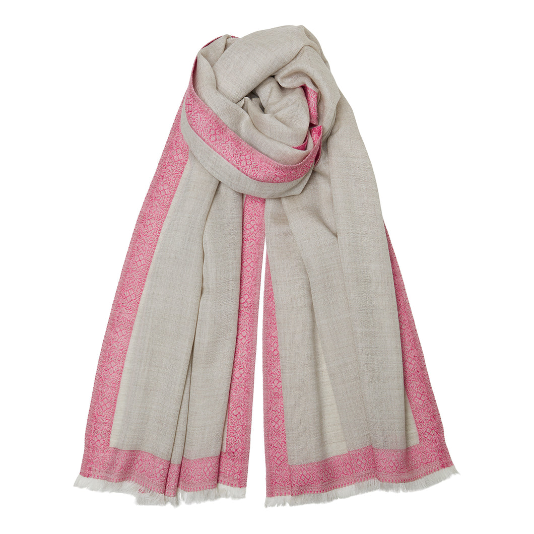 100% Cashmere Hash Dar Edge Pashmina - Cream/Pink