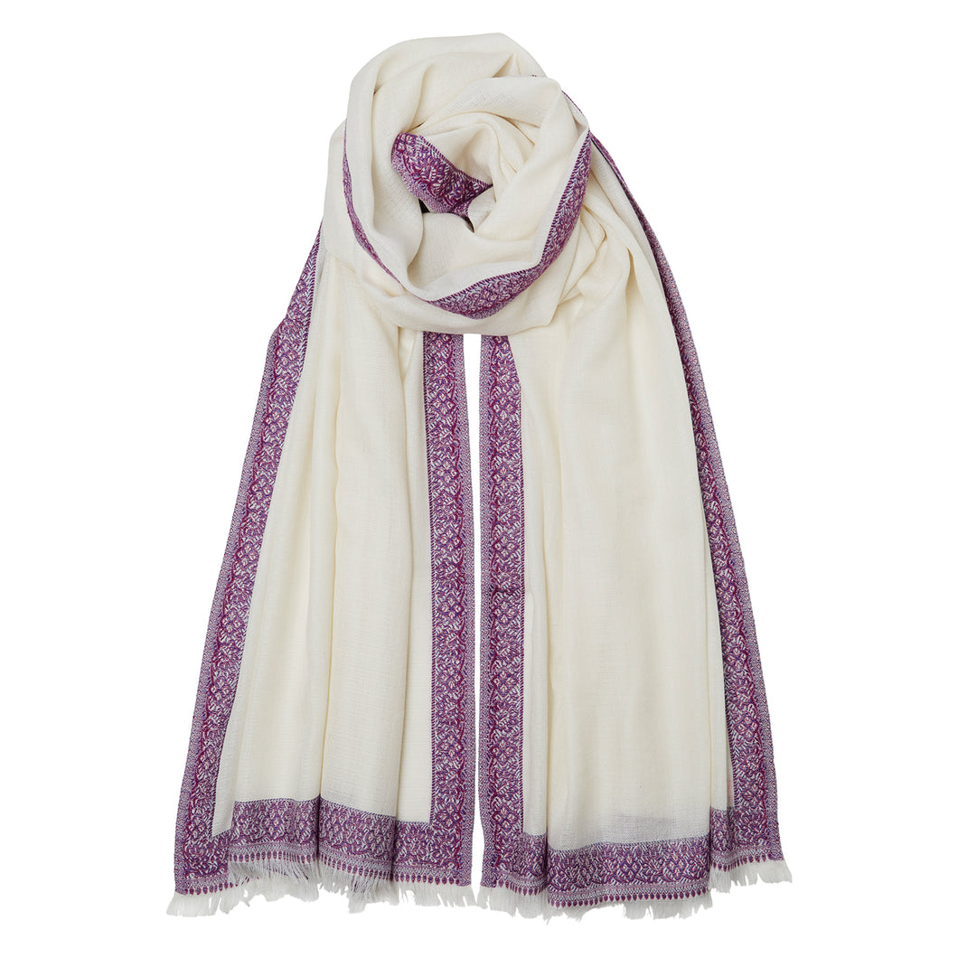 100% Cashmere Hash Dar Edge Pashmina - Cream/Purple