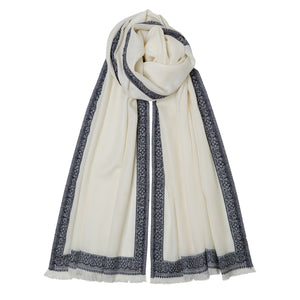 100% Cashmere Hash Dar Edge Pashmina - Cream/Black