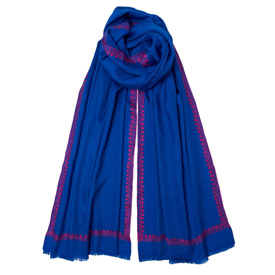 100% Cashmere Hash Dar Edge Pashmina - Blue/Pink Stitching