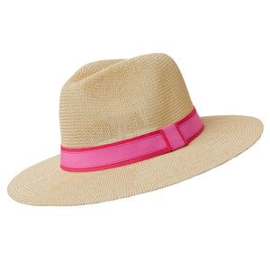 Panama Hat - Natural Paper with Coral/Pink Band