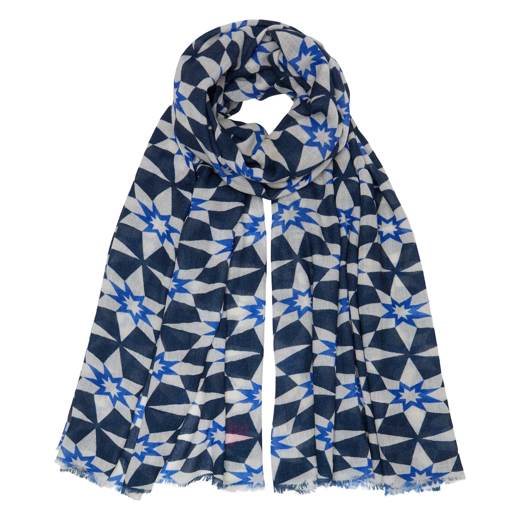 Cashmere Moroccan Star Printed Pashmina - Blue