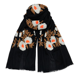 Mexican Flower Pashmina - Black/White/Orange