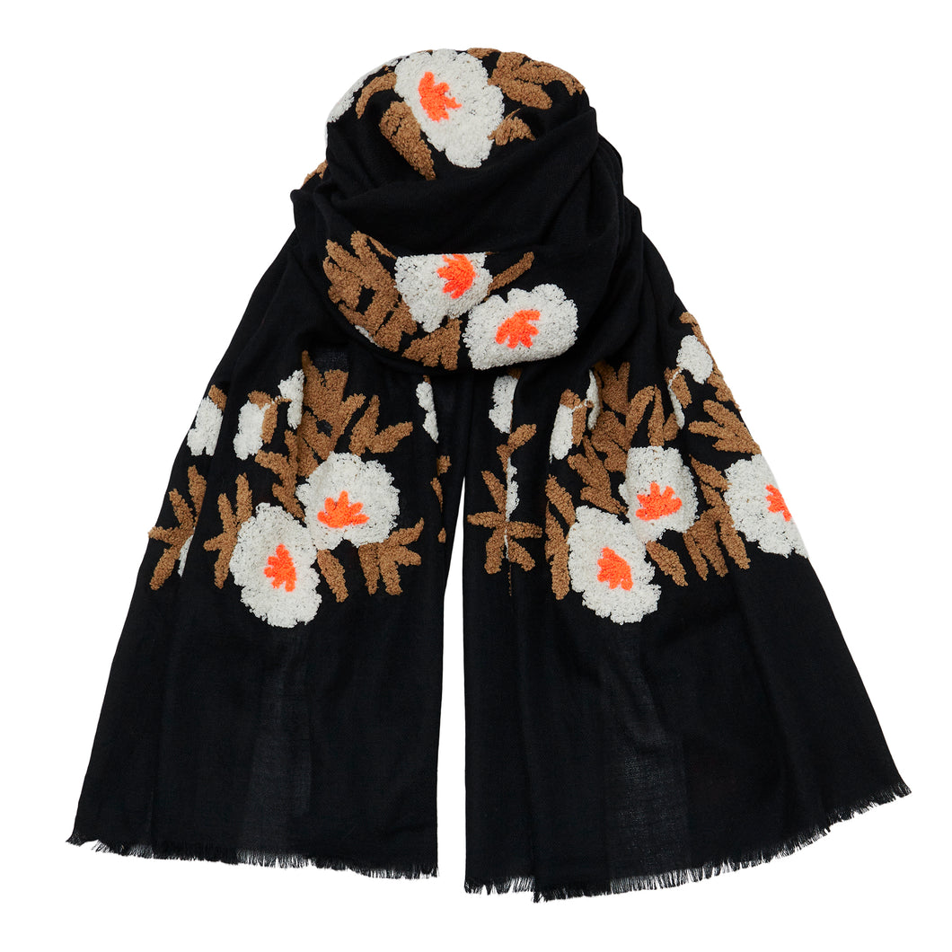 Mexican Flower Pashmina - Black/White/Orange