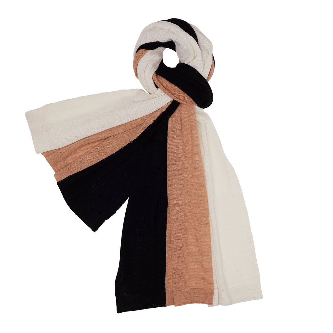 Cashmere Stripe Knitted Scarf  - White/Camel/Black