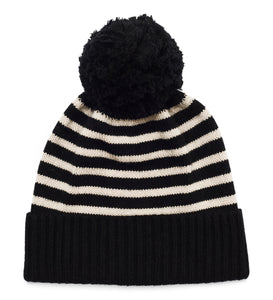 Cashmere Plain Knit Breton Bobble Hat - Black/Camel