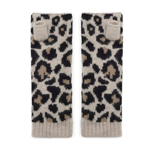 Leopard Cashmere Knitted Wrist Warmers - Black/Camel