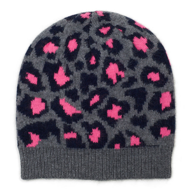 Leopard Cashmere Knitted Beanie - Navy/Grey/Pink