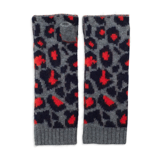 Leopard Cashmere Knitted Wrist Warmers - Grey/Navy/Orange