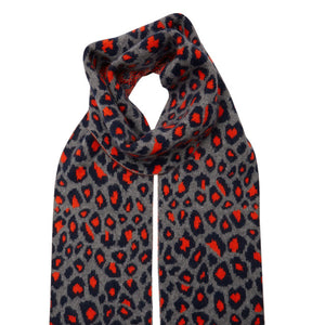 Leopard Cashmere Knitted Scarf - Grey/Navy/Orange