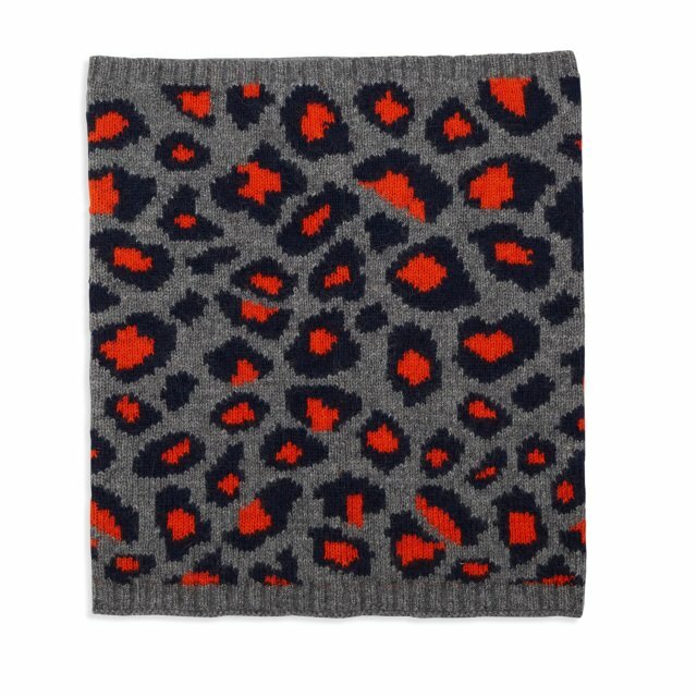 Leopard Cashmere Knitted Snood - Navy/Grey/Orange