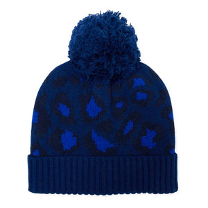 Leopard Cashmere Knitted Bobble Hat - Blue/Navy