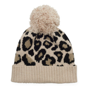 Leopard Cashmere Knitted Bobble Hat - Camel/Black