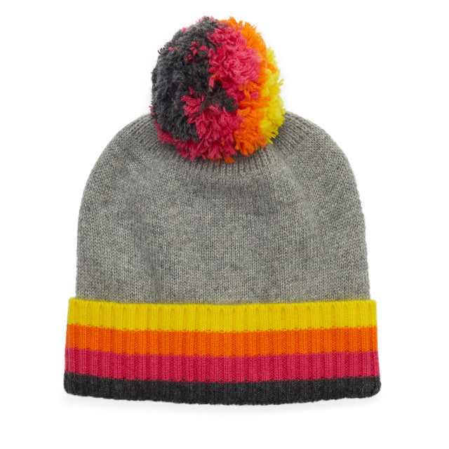 Cashmere Plain Knit Rainbow Bobble Hat - Dark Grey